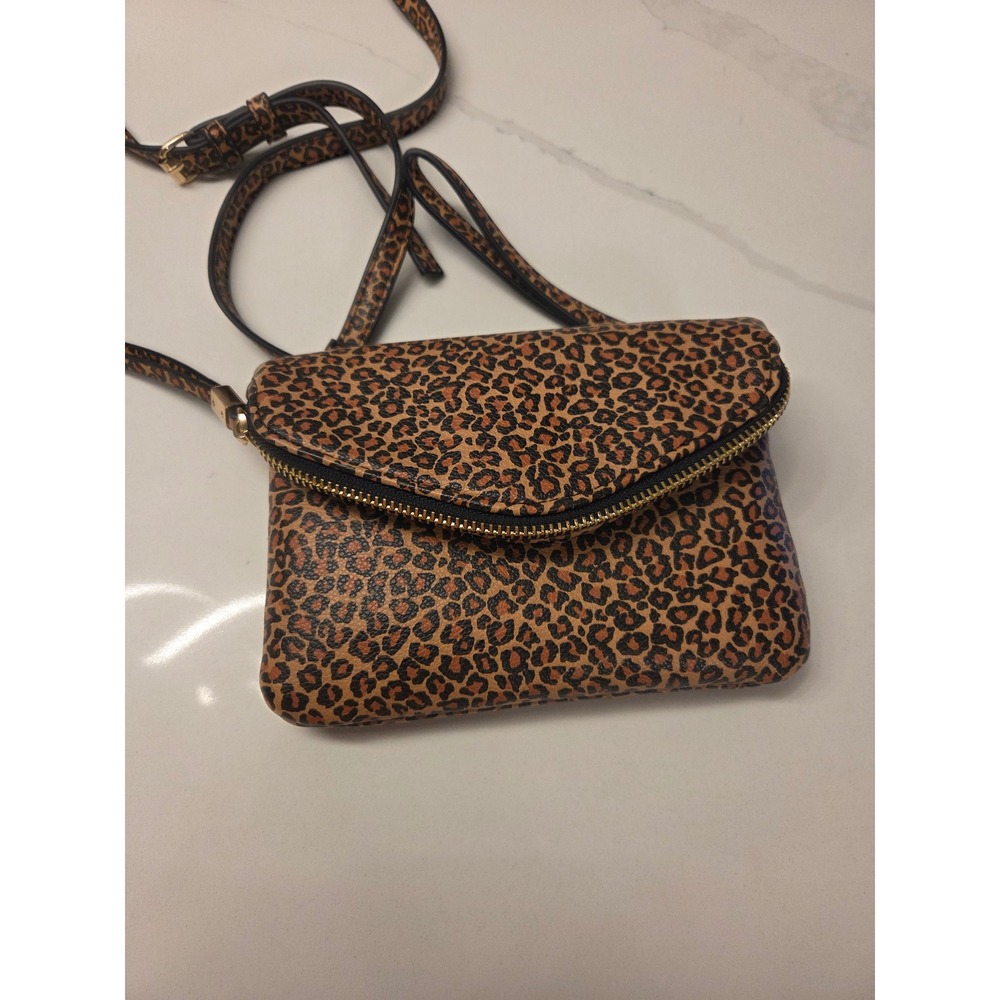 Leopard Print Foldover Crossbody Bag with Zipper Detail Brown Animal Print